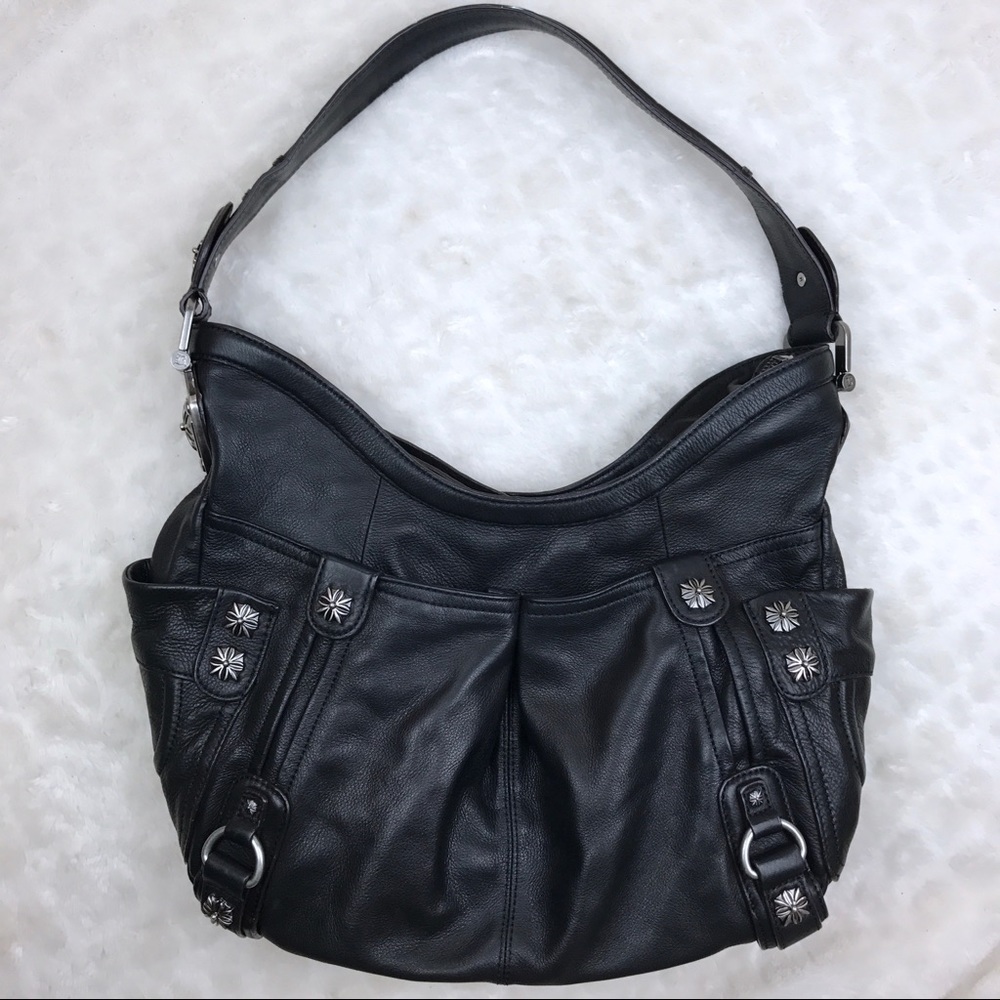 B Makowsky Black Leather Handbag Silver Accents